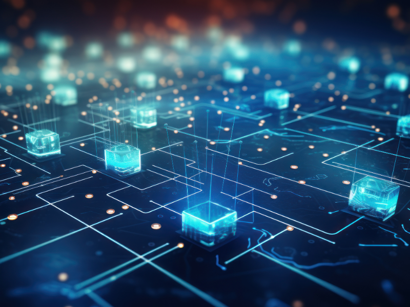 Pequenos quadrados em tons azulados representando conexões de um sistema, simbolizando microsserviços.