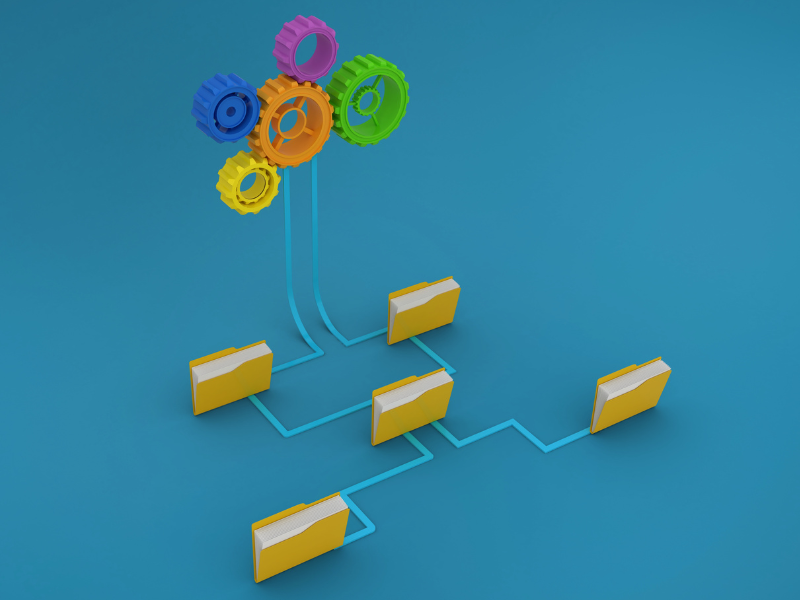 ilustração de engrenagens coloridas conectadas a pastas de documentos