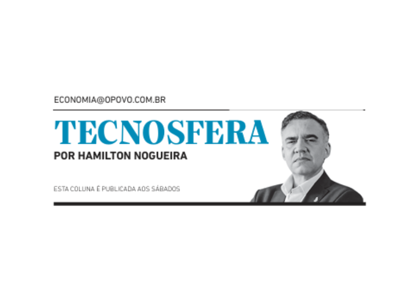 imagem de um homem em preto e branco ao lado da palavra tecnosfera em azul